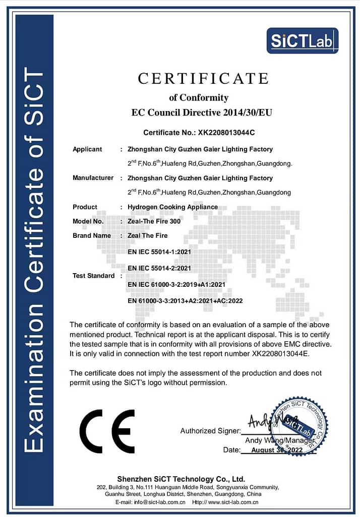 CE Certificate for HHO/Hydrogen cooking appliance